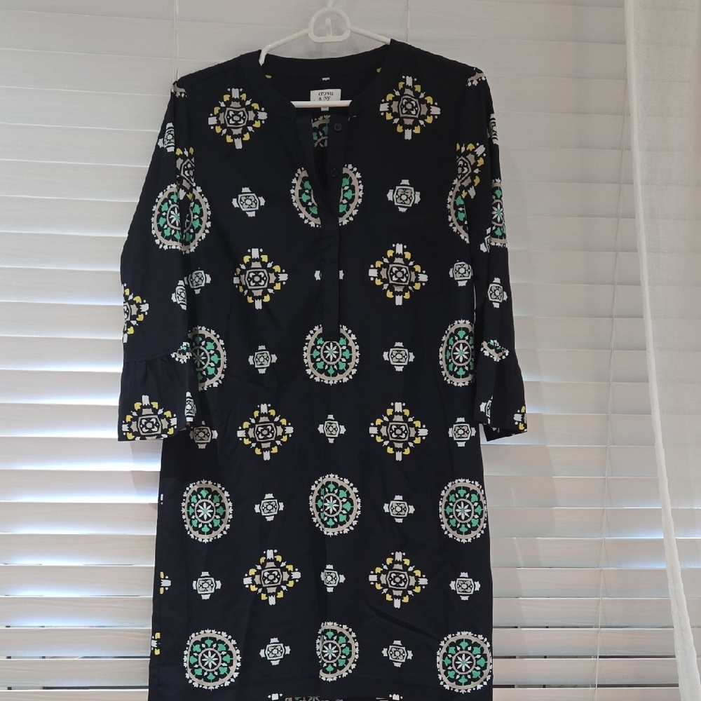 crown & ivy Black Tunic Dress with Green and Yellow Medallion Print